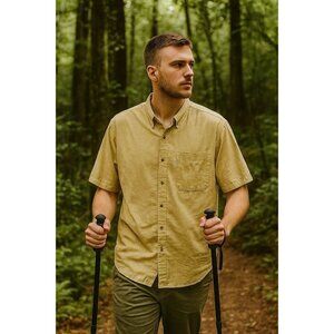 Columbia Mens Yellow Grid Pattern Button-Down Shirt Outdoor Hiking Cotton Large